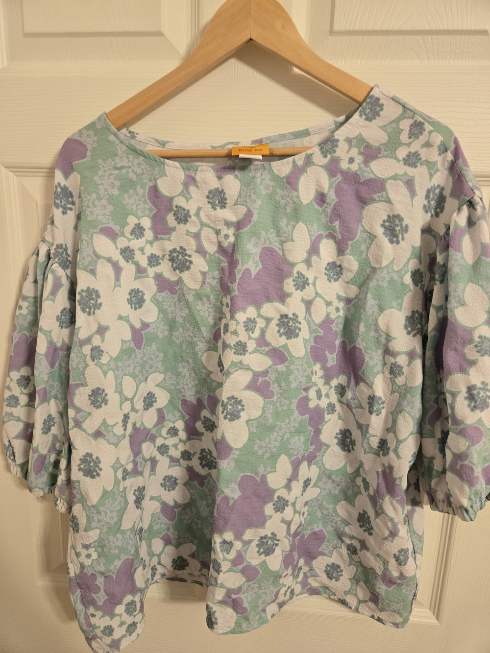 Ruby Road Floral Puff-Sleeve Blouse in Mint & Lavender Size XL - Picture 7 of 7